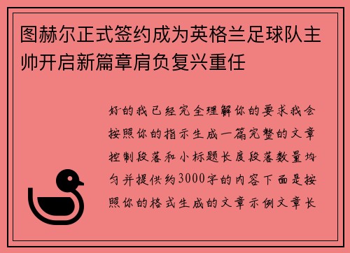 图赫尔正式签约成为英格兰足球队主帅开启新篇章肩负复兴重任